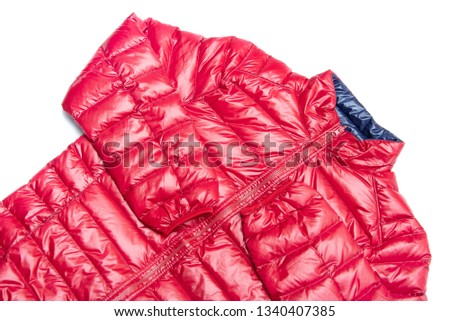 ฺBlue and red full zipper windbreaker down jacket, rain proof down jacket. Down jacket sport shiny nylon full zip isolated on white.