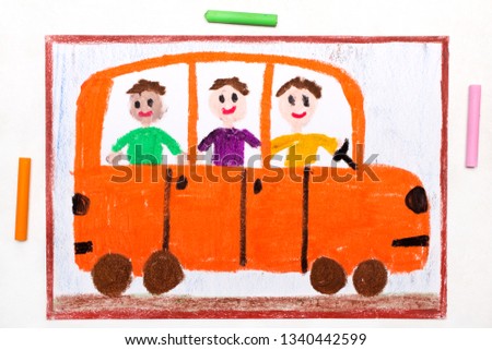 Colorful drawing: bus or school bus with happy children inside