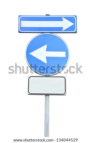 Road sign with two arrows and free banner for text isolated on white