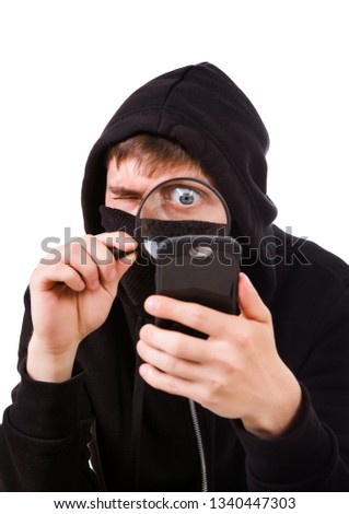 Hacker with a Phone and Magnifying Glass Isolated on the White Background