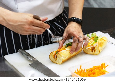 chef prepares sandwich in the kitchen, Delicious sandwich with veggies and meat