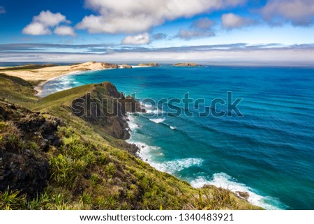 Beach and Cape Maria van Diemen with Tasman Sea, Northland, New Zealand