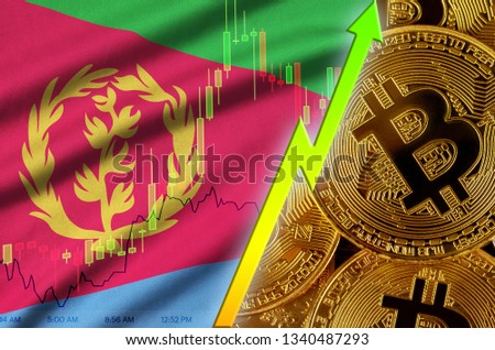Eritrea flag and cryptocurrency growing trend with many golden bitcoins