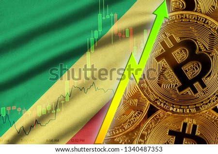 Congo flag and cryptocurrency growing trend with many golden bitcoins