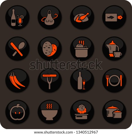 Food and kitchen color vector icons on dark background for user interface design