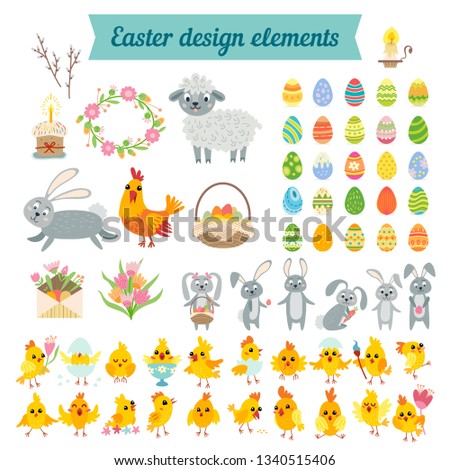 Set of easter characters and design elements. Easter collection in flat style. Vector cartoon person. Holidays elements: rabbit, sheep, chicken, hen, eggs, flowers.