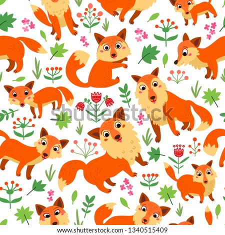 Fox nursery Seamless Pattern. Woodland animals. Vector illustration. Cartoon characters in flat style. The design concept for children. Wrapping, notebooks, labels, accessories-school.