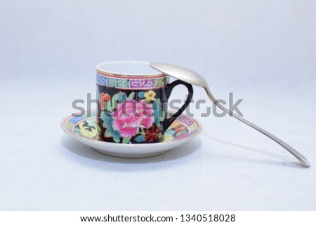 Mock up / design set of colorful  traditional elegant coffee cup & Tea cup on cup's plate and spoon ,drink-ware, Dining , kitchen