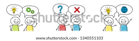 Cartoon people with speech bubbles with business icons - set. Vector