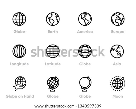 Globe and Continents Editable Line Icons Set.
