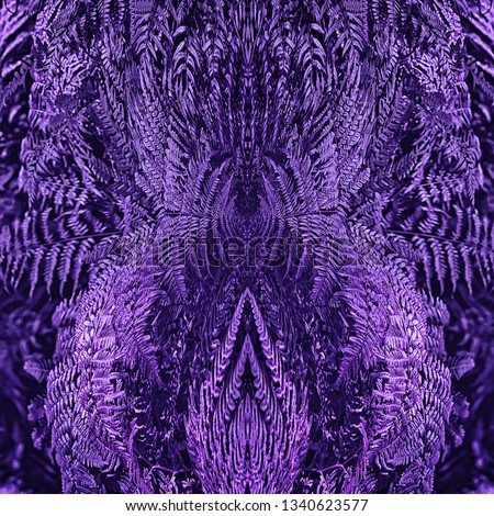 Ultra Violet toned floral mirror pattern made of branches of fern. Greeting card for the International Women's Day. Abstract creative background with symmetry effect and copy space, blurred vignette. 