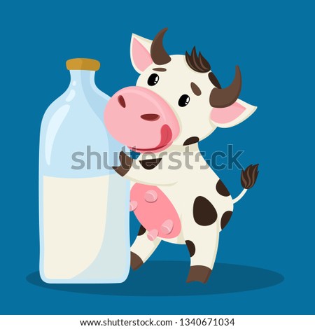 Cute cow smiles with a bottle of milk. Vector illustration.