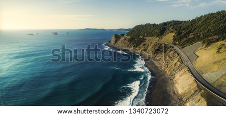 Pacific Coast Highway 101 in Oregon near Port Orford and Humbug Mountain, taken from the air with a drone Royalty-Free Stock Photo #1340723072