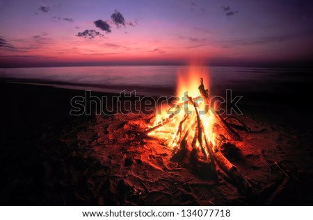 Beach Campfire on Lake Superior Royalty-Free Stock Photo #134077718