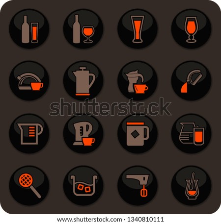 Utensils for the preparation of beverages color vector icons on dark background for user interface design