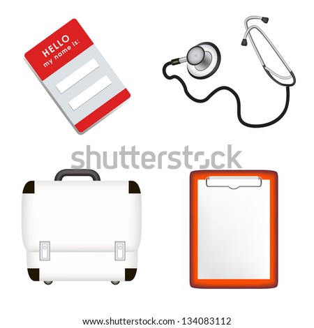 doctor's stethoscope, first aid case, plane-table, name card. jpg version