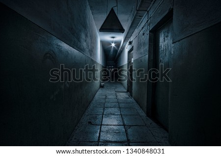Dark corridor. Mystical interior of dark empty corridor, tunnel in an abandoned house. Dark mysterious corridor. The interior of an abandoned house, road to hell. An old abandoned building Royalty-Free Stock Photo #1340848031