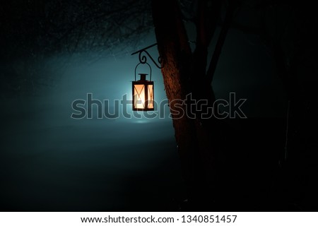 Beautiful colorful illuminated lamp in the garden in misty night. Retro style lantern at night outdoor. Selective focus