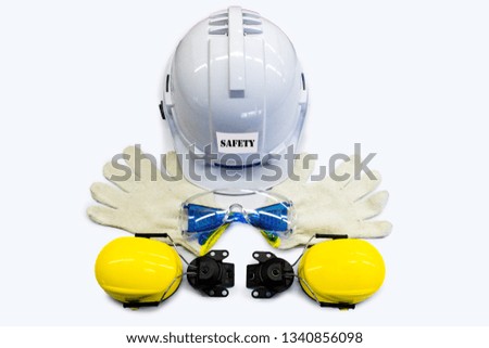 Safety equipment on white background, safety concept, Factory equipment tool with copy space