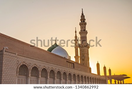 Nabawi mosque in early morning, a holy mosque also called as prophet mosque. Millions moslems from around the world come to the mosque every year. Royalty-Free Stock Photo #1340862992