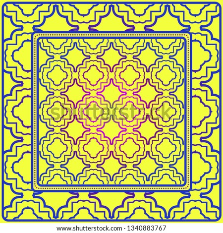 Design For Square Fashion Print. For Pocket, Shawl, Textile, Bandanna. Geometric Floral Pattern. Vector Illustration. Yellow blue color.