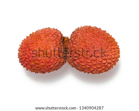 two ripe juicy pink-red lychee fruit on one stem on white background isolated with shadow