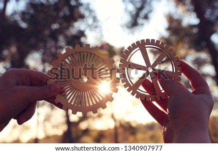 A hand holds gears in front of a setting sun. Concept of a new idea, learning and creative though