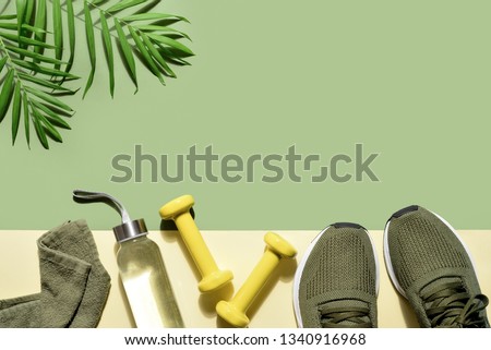 Summer flatlay fitness background with copy space for a text Royalty-Free Stock Photo #1340916968