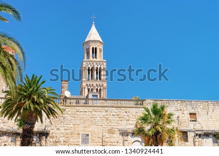 Cathedral of Saint Domnius and Roman Town architecture in Old city of Split in Adriatic Coast, Dalmatia in Croatia. Cityscape at Croatian Dalmatian Bay. Europe tourism Royalty-Free Stock Photo #1340924441