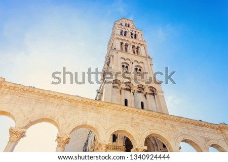Cathedral of Saint Domnius and Diocletian Palace and Roman Town architecture in Old city of Split on Adriatic Coast in Dalmatia in Croatia. Cityscape at Croatian Dalmatian Bay. Europe in summer. Royalty-Free Stock Photo #1340924444