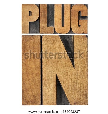 plugin (plug-in)  - computer software component or application - isolated text in vintage letterpress wood type printing blocks