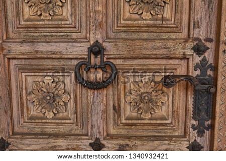 
old vintage wooden door with ornament in an old castle