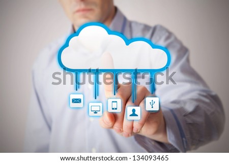 man interacting with cloud service applications