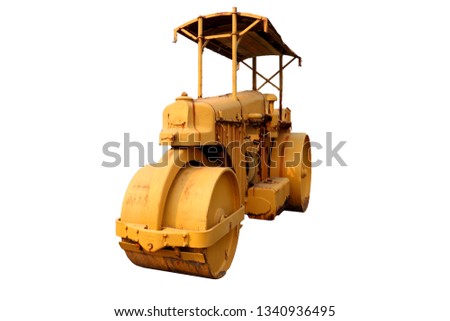 old roller compactor machine with yellow color 
isolated on white background. High resolution image gallery.