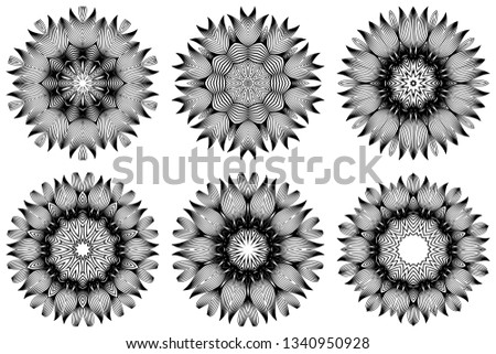 Set of Pattern Of Mandala . Vector Illustration. Modern Decorative Floral Color Mandala. Decorative Cicle Ornament. Floral Design. Black white color.