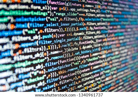 Program code with display. Software development creating projects. Abstract software process. Python code computer screen. Computer script. Programmer working on computer screen. 