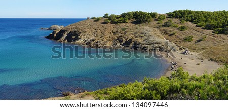Coastal panorama with peaceful beach and clear water of the Mediterranean sea, Platja Del Borro in Costa Brava, Llanca, Catalonia, Spain
