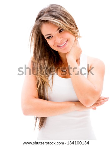 Beautiful woman looking down - isolated ove a white background