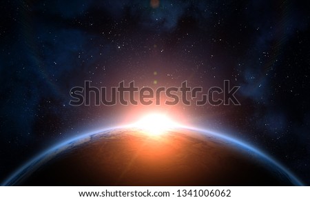 Earth, galaxy, nebula and Sun. Sunrise, view of earth from space. Elements of this image furnished by NASA.