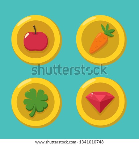 Vector icon set of gold coins. The coins contain money: an apple, a carrot, a clover leaf and a ruby ​​gemstone. Coins illustration in flat minimalism style.
