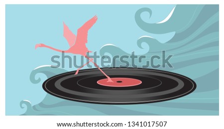 Illustration of a flamingo on the vinyl record and ocean waves in the background.