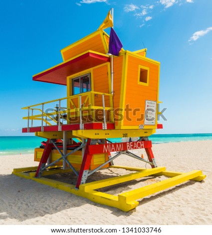 Colorful lifeguard tower under a clear sky in Miami Beach. Southern Florida, USA