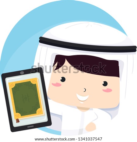 Illustration of a Kid Boy In Traditional Arab Thawb and Headdress and Holding a Tablet PC with Quran App