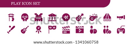 play icon set. 18 filled play icons.  Collection Of - Slide, Yorick, Space invaders, Museum, Rewind, Guitar, Referee, Trumpet, Baseball, Web cam, Mask, Clapperboard, Clapper, Bowling