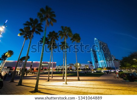 Curtis Hixon waterfront park in Tampa at night. Florida, USA