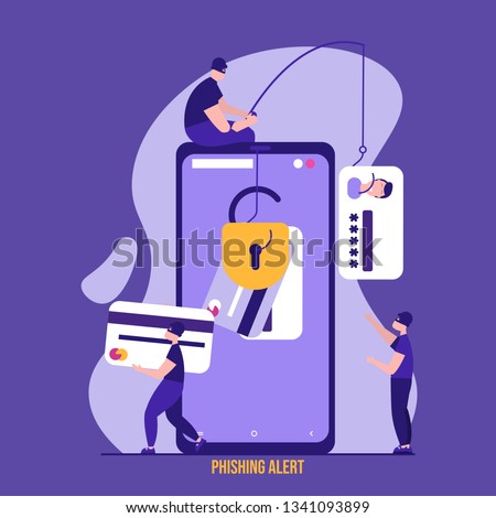 Concept of hacker attack, fraud investigation, internet phishing attack, evil win, personal privacy data, hacking and stealing email and money with tiny people. Vector illustration in flat design