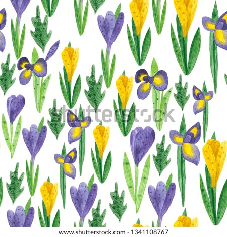 pattern with garden flowers, iris, anemone, peony, crocus