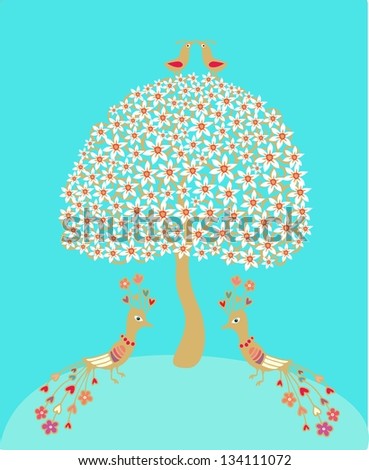 Vector illustration with flowering spring tree and decorative golden birds on turquoise background