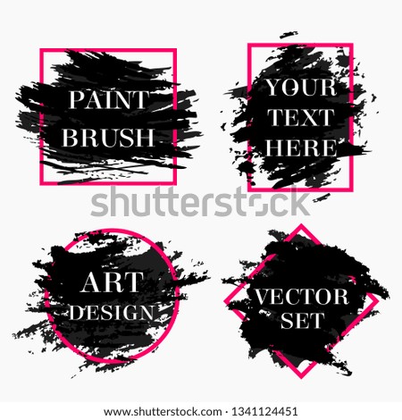 Set of grunge frames with black paint brush strokes isolated on white background. Modern design elements for sale banners, flyers, advertisement or text boxes. Vector illustration.