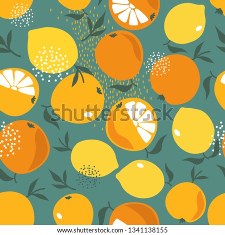 Fresh oranges and lemons, leaves background. Hand drawn overlapping backdrop. Colorful wallpaper vector. Seamless pattern with citrus fruits collection. Decorative illustration, good for printing